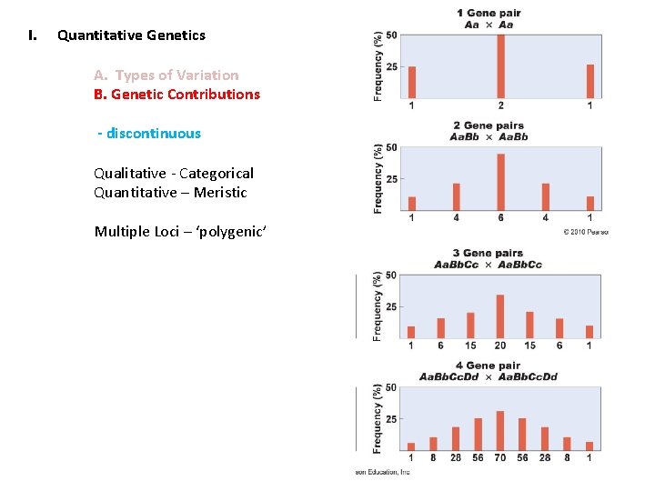 I. Quantitative Genetics A. Types of Variation B. Genetic Contributions - discontinuous Qualitative -