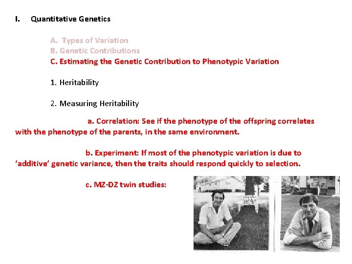 I. Quantitative Genetics A. Types of Variation B. Genetic Contributions C. Estimating the Genetic