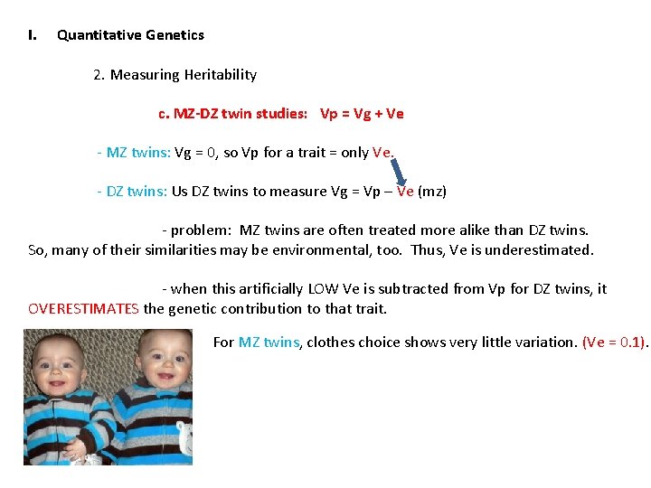 I. Quantitative Genetics 2. Measuring Heritability c. MZ-DZ twin studies: Vp = Vg +