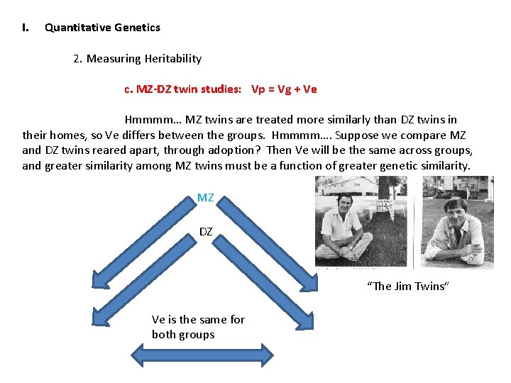 I. Quantitative Genetics 2. Measuring Heritability c. MZ-DZ twin studies: Vp = Vg +