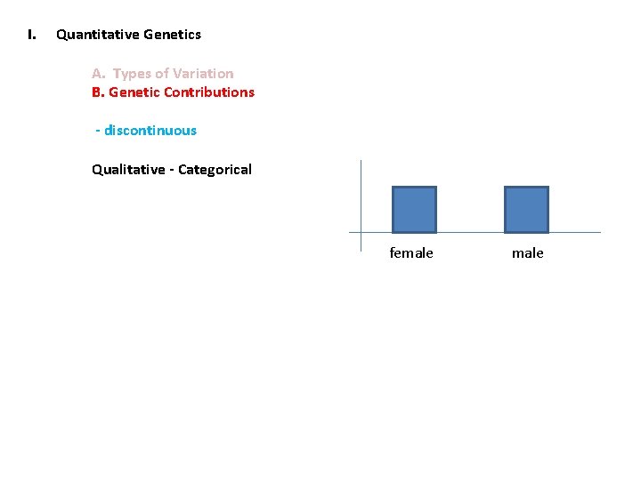 I. Quantitative Genetics A. Types of Variation B. Genetic Contributions - discontinuous Qualitative -