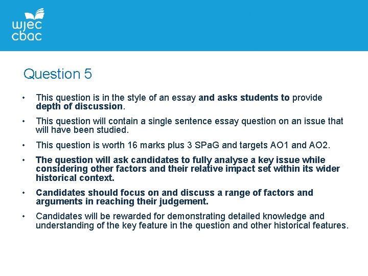 Question 5 • This question is in the style of an essay and asks