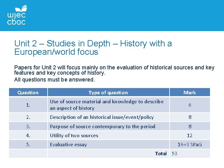 Unit 2 – Studies in Depth – History with a European/world focus Papers for