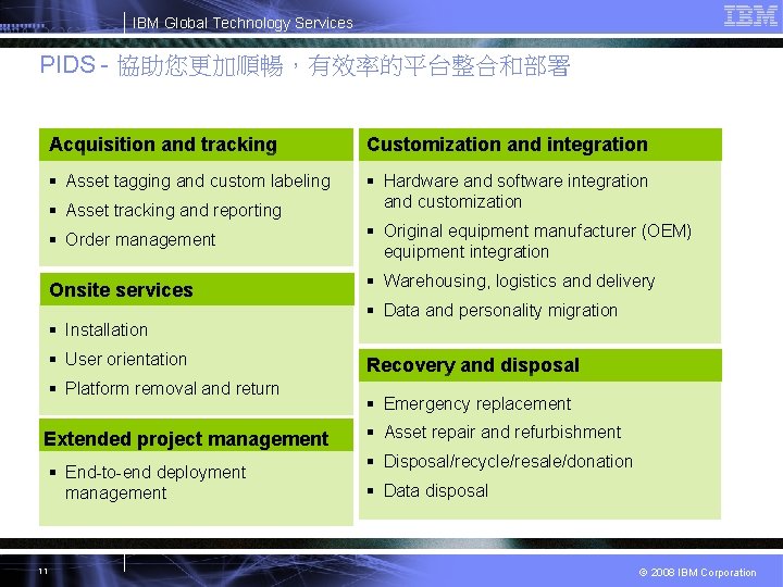 IBM Global Technology Services PIDS - 協助您更加順暢，有效率的平台整合和部署 Acquisition and tracking Customization and integration §