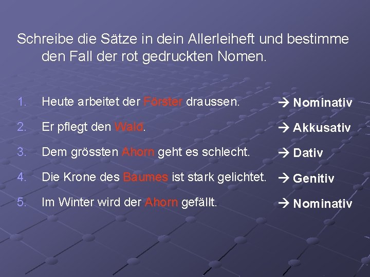 Schreibe die Sätze in dein Allerleiheft und bestimme den Fall der rot gedruckten Nomen.