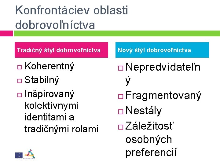 Konfrontáciev oblasti dobrovoľníctva Tradičný štýl dobrovoľníctva Koherentný Stabilný Inšpirovaný kolektívnymi identitami a tradičnými rolami