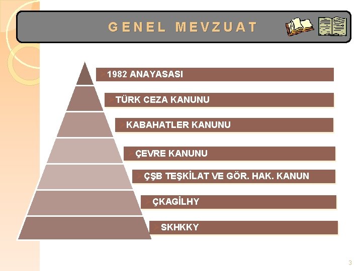 GENEL MEVZUAT Ø 1982 ANAYASASI ØTÜRK CEZA KANUNU ØKABAHATLER KANUNU ØÇEVRE KANUNU ØÇŞB TEŞKİLAT