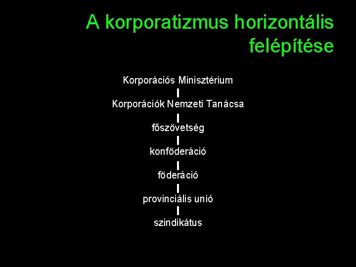A korporatizmus horizontális felépítése Korporációs Minisztérium Korporációk Nemzeti Tanácsa főszövetség konföderáció provinciális unió szindikátus