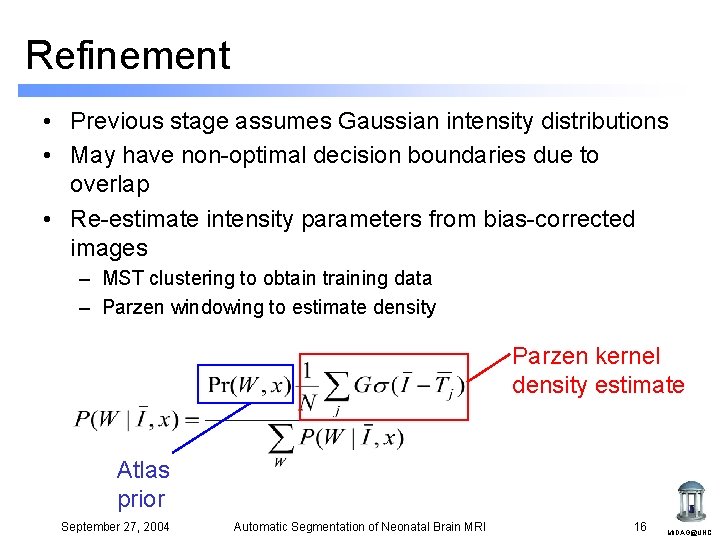 Refinement • Previous stage assumes Gaussian intensity distributions • May have non-optimal decision boundaries Refinement • Previous stage assumes Gaussian intensity distributions • May have non-optimal decision boundaries