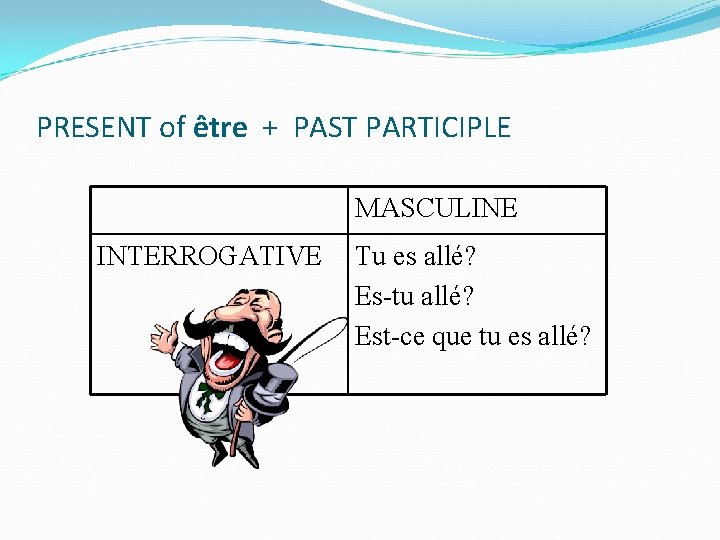 PRESENT of être + PAST PARTICIPLE MASCULINE INTERROGATIVE Tu es allé? Es-tu allé? Est-ce