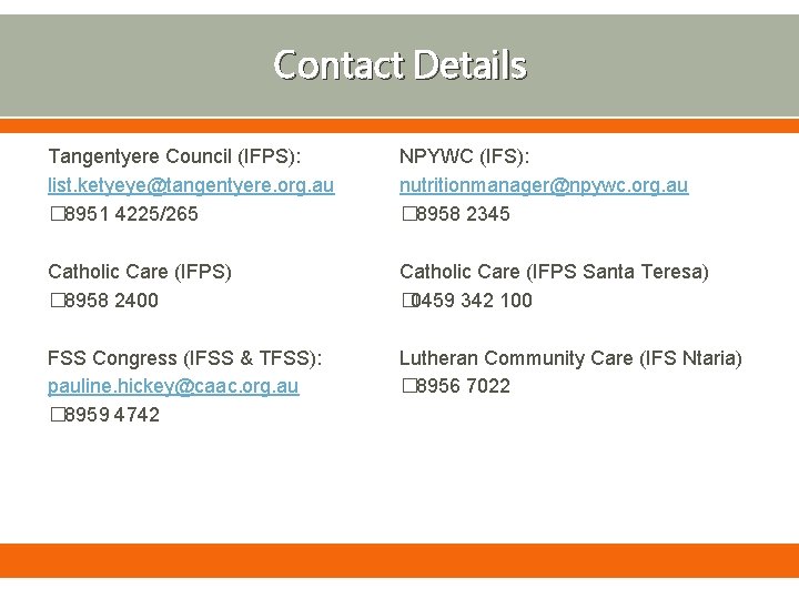 Contact Details Tangentyere Council (IFPS): list. ketyeye@tangentyere. org. au � 8951 4225/265 NPYWC (IFS):