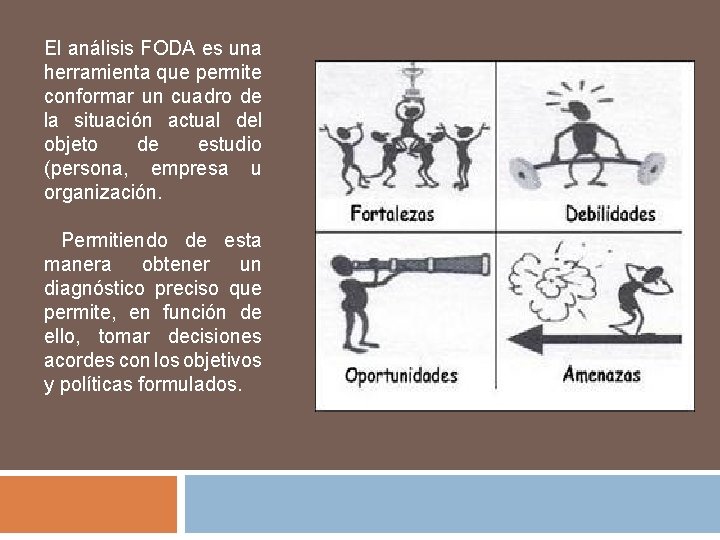 El análisis FODA es una herramienta que permite conformar un cuadro de la situación