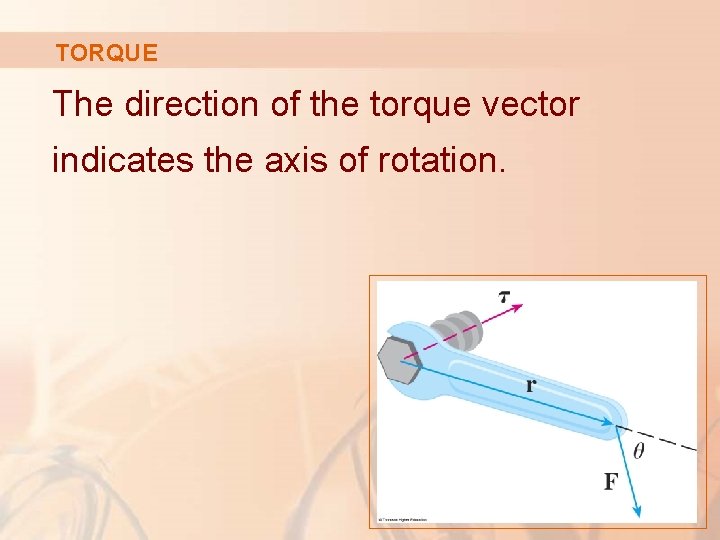 TORQUE The direction of the torque vector indicates the axis of rotation. 