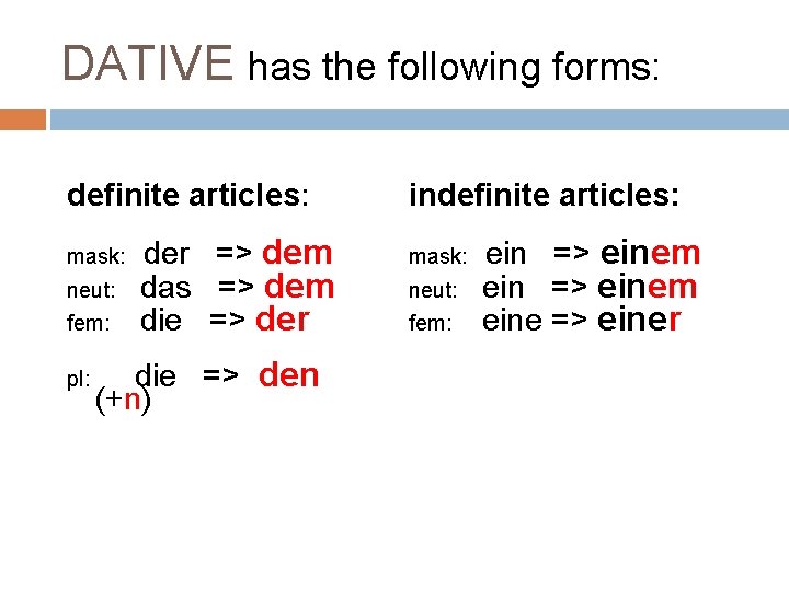 DATIVE has the following forms: definite articles: mask: neut: fem: pl: der => dem