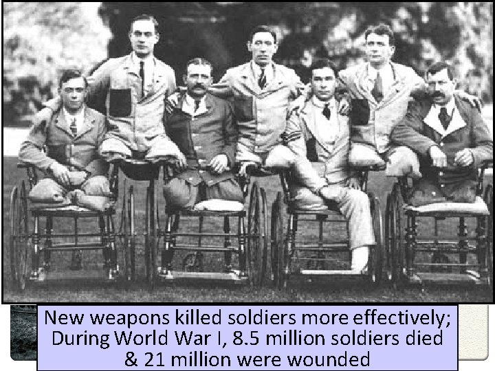 New weapons killed soldiers more effectively; During World War I, 8. 5 million soldiers