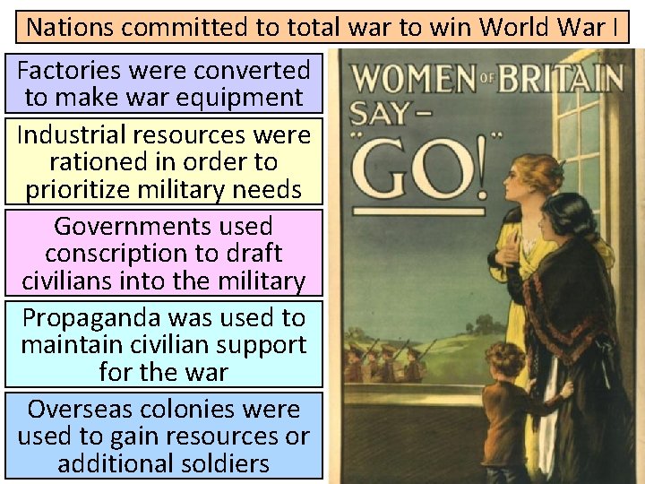 Nations committed to total war to win World War I Factories were converted to