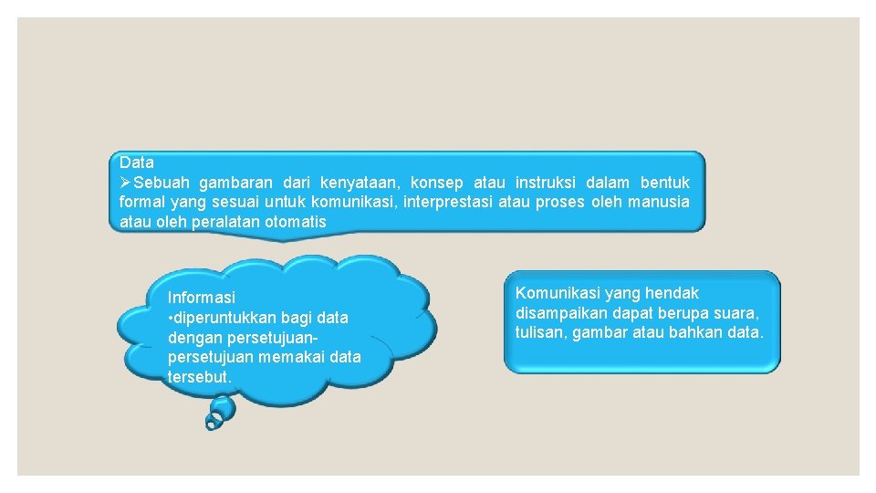 Data ØSebuah gambaran dari kenyataan, konsep atau instruksi dalam bentuk formal yang sesuai untuk