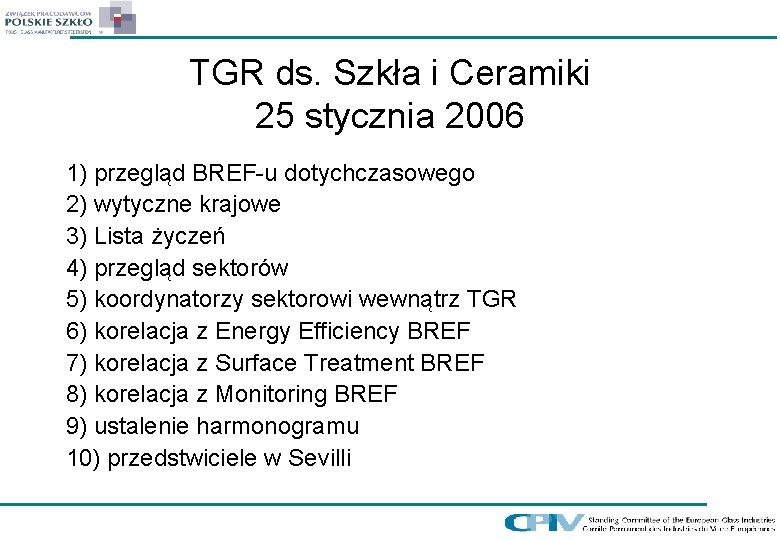 TGR ds. Szkła i Ceramiki 25 stycznia 2006 1) przegląd BREF-u dotychczasowego 2) wytyczne