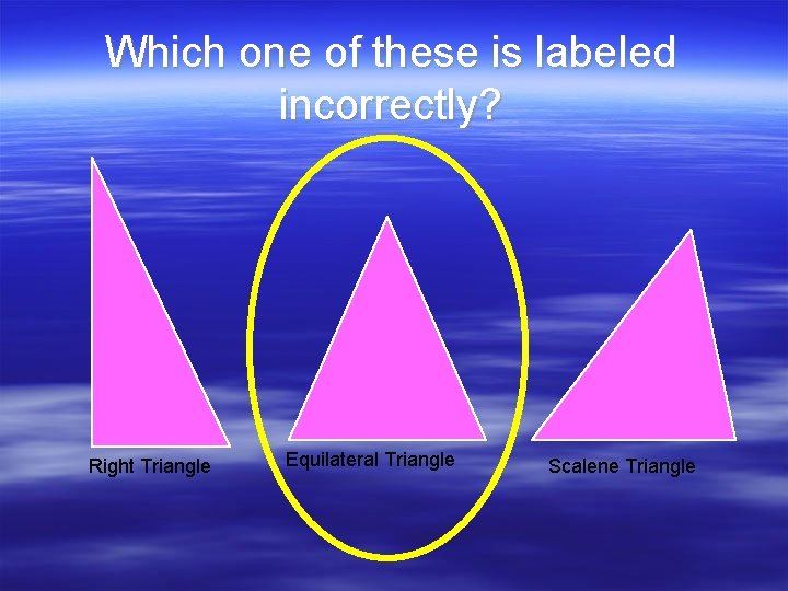 Which one of these is labeled incorrectly? Right Triangle Equilateral Triangle Scalene Triangle 