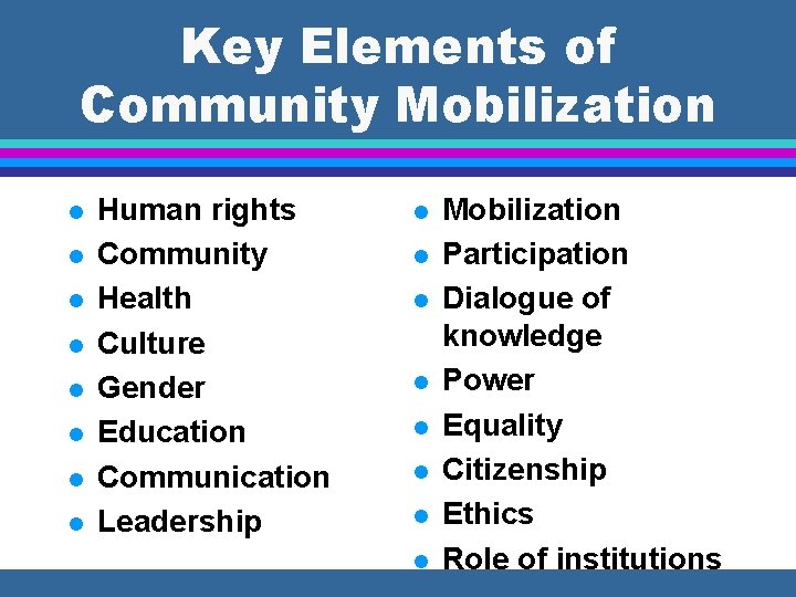 Key Elements of Community Mobilization l l l l Human rights Community Health Culture