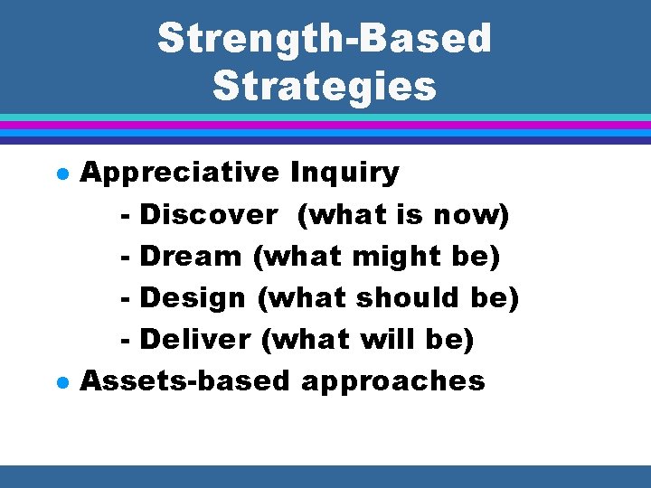 Strength-Based Strategies l l Appreciative Inquiry - Discover (what is now) - Dream (what