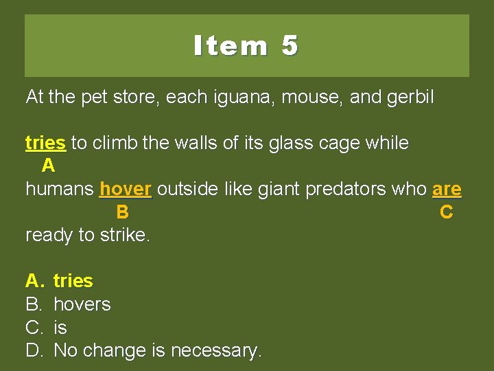 Item 5 At the pet store, each iguana, mouse, and gerbil tries try to