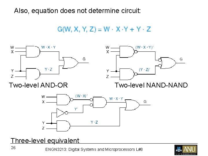 Also, equation does not determine circuit: Two-level AND-OR Two-level NAND-NAND Three-level equivalent 26 ENGN Also, equation does not determine circuit: Two-level AND-OR Two-level NAND-NAND Three-level equivalent 26 ENGN