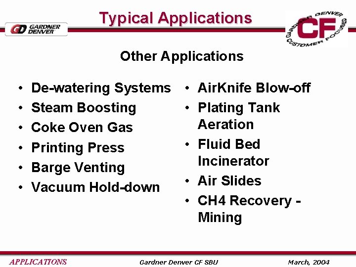 Typical Applications Other Applications • • • De-watering Systems Steam Boosting Coke Oven Gas