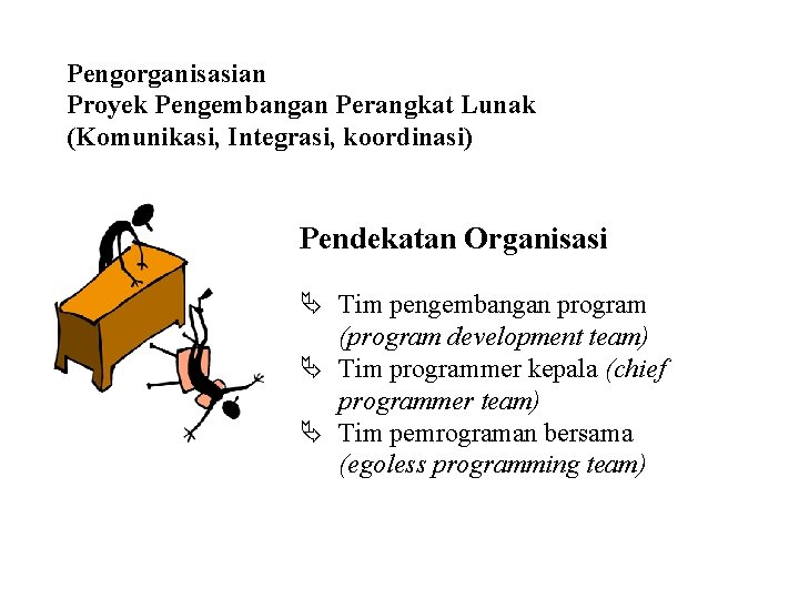 Pengorganisasian Proyek Pengembangan Perangkat Lunak (Komunikasi, Integrasi, koordinasi) Pendekatan Organisasi Ä Tim pengembangan program