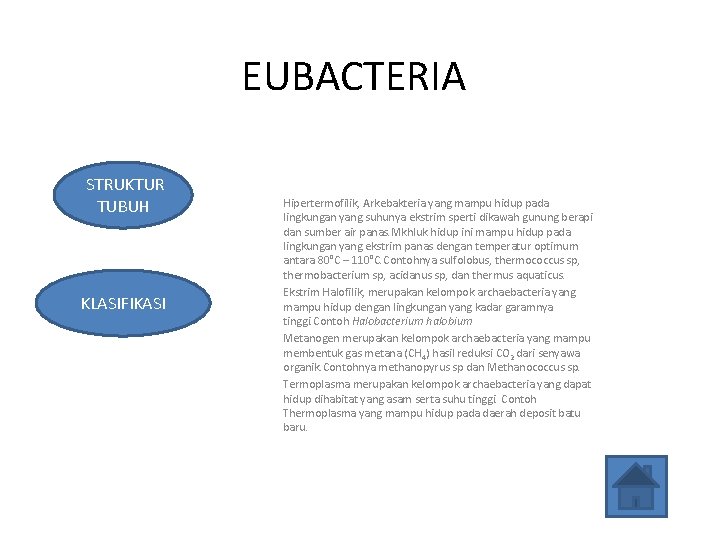 EUBACTERIA STRUKTUR TUBUH KLASIFIKASI Hipertermofilik, Arkebakteria yang mampu hidup pada lingkungan yang suhunya ekstrim