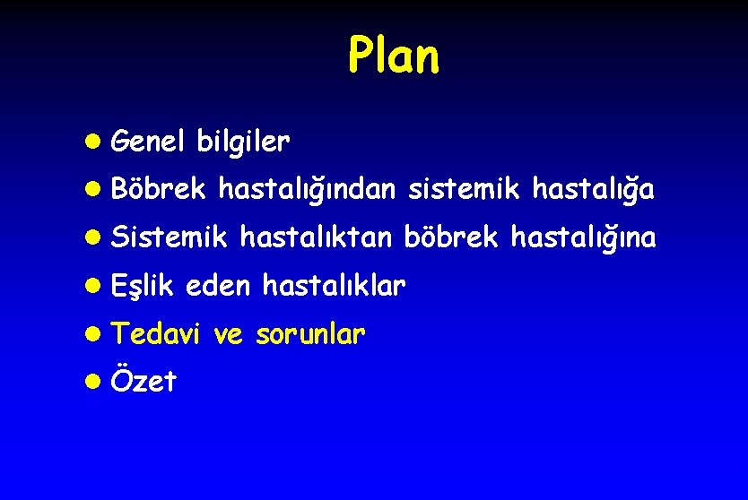 Plan l Genel bilgiler l Böbrek hastalığından sistemik hastalığa l Sistemik hastalıktan böbrek hastalığına