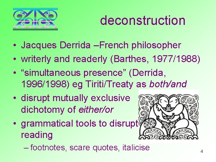 deconstruction • Jacques Derrida –French philosopher • writerly and readerly (Barthes, 1977/1988) • “simultaneous