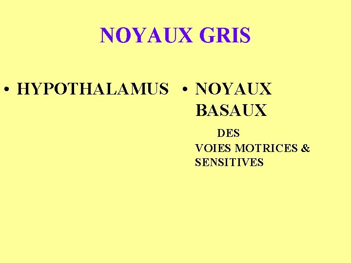 NOYAUX GRIS • HYPOTHALAMUS • NOYAUX BASAUX DES VOIES MOTRICES & SENSITIVES 