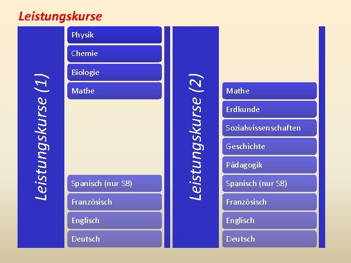 Leistungskurse Physik Biologie Mathe Spanisch (nur S 8) Französisch Leistungskurse (2) Leistungskurse (1) Chemie