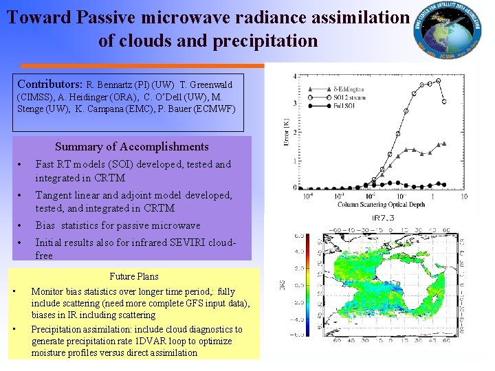 Toward Passive microwave radiance assimilation of clouds and precipitation Contributors: R. Bennartz (PI) (UW)