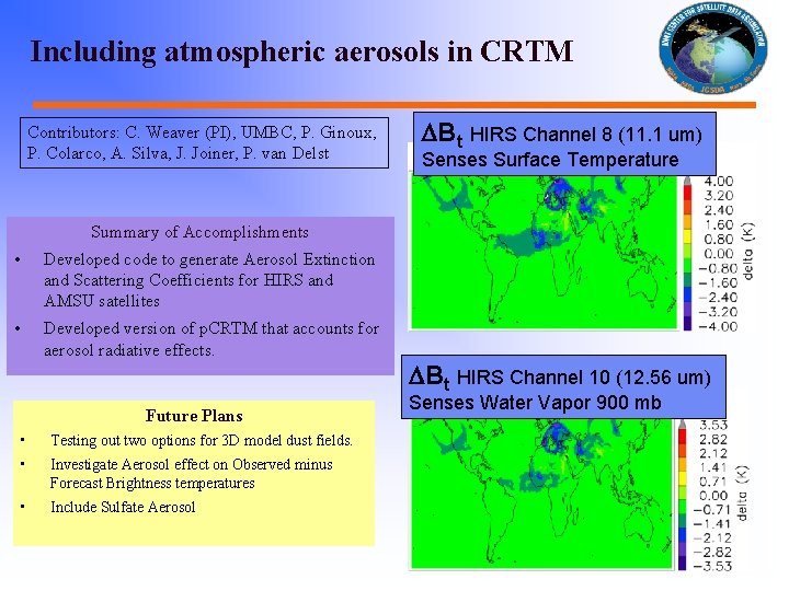 Including atmospheric aerosols in CRTM Contributors: C. Weaver (PI), UMBC, P. Ginoux, P. Colarco,