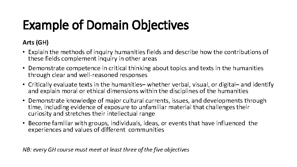 Example of Domain Objectives Arts (GH) • Explain the methods of inquiry humanities fields