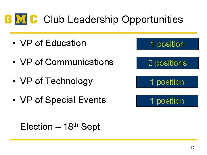 Club Leadership Opportunities • VP of Education 1 position • VP of Communications 2