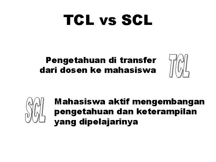 TCL vs SCL Pengetahuan di transfer dari dosen ke mahasiswa Mahasiswa aktif mengembangan pengetahuan