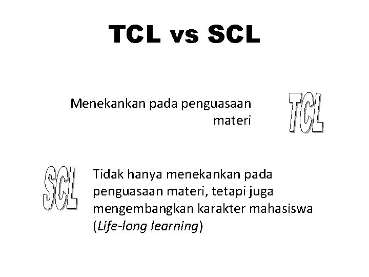 TCL vs SCL Menekankan pada penguasaan materi Tidak hanya menekankan pada penguasaan materi, tetapi