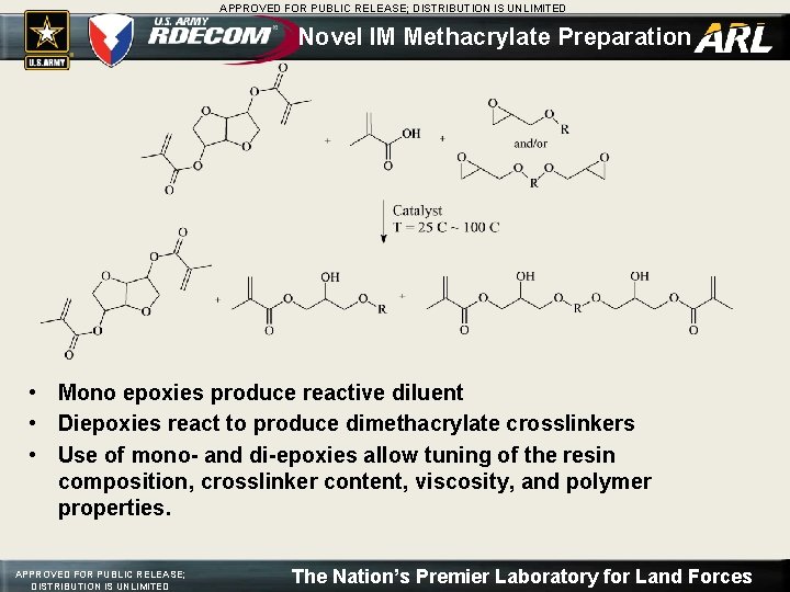 APPROVED FOR PUBLIC RELEASE; DISTRIBUTION IS UNLIMITED Novel IM Methacrylate Preparation • Mono epoxies