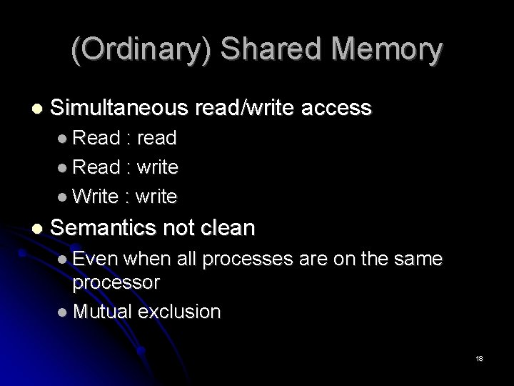 (Ordinary) Shared Memory Simultaneous read/write access Read : read Read : write Write :