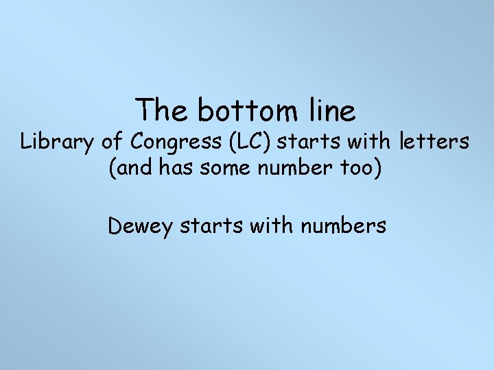 The bottom line Library of Congress (LC) starts with letters (and has some number