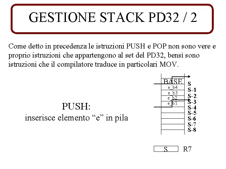 GESTIONE STACK PD 32 / 2 Come detto in precedenza le istruzioni PUSH e