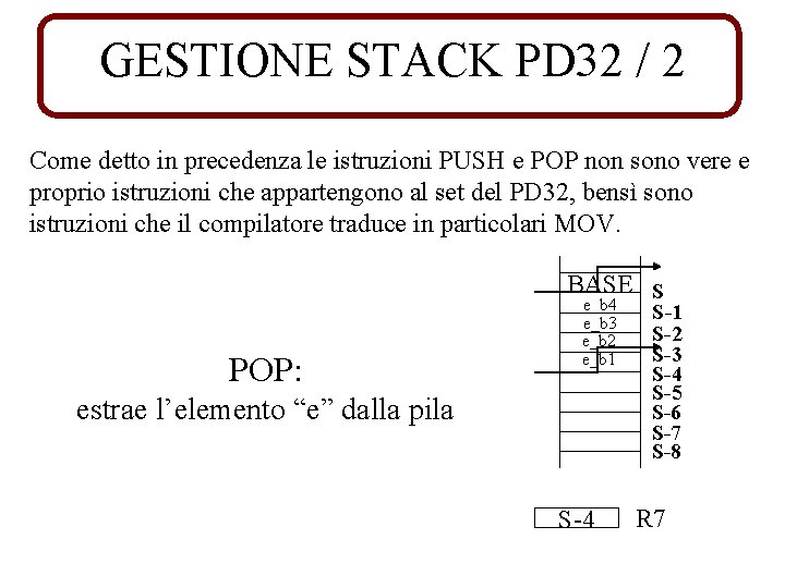 GESTIONE STACK PD 32 / 2 Come detto in precedenza le istruzioni PUSH e