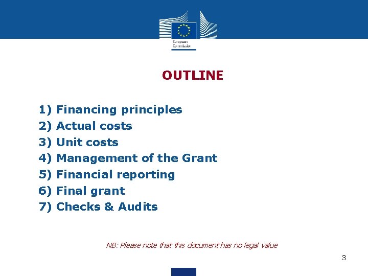 OUTLINE 1) Financing principles 2) Actual costs 3) Unit costs 4) Management of the