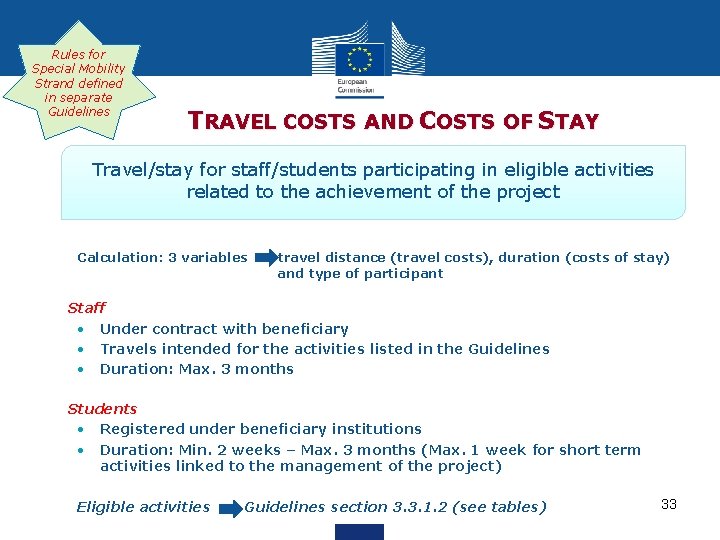 Rules for Special Mobility Strand defined in separate Guidelines TRAVEL COSTS AND COSTS OF