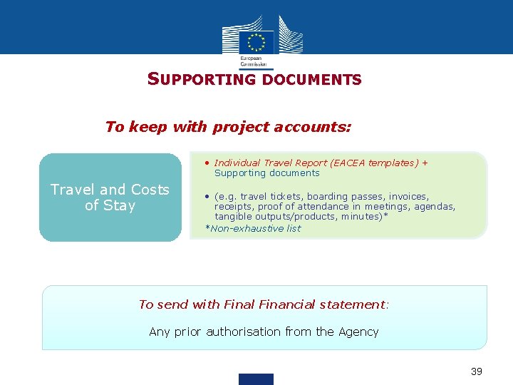 SUPPORTING DOCUMENTS To keep with project accounts: • Individual Travel Report (EACEA templates) +