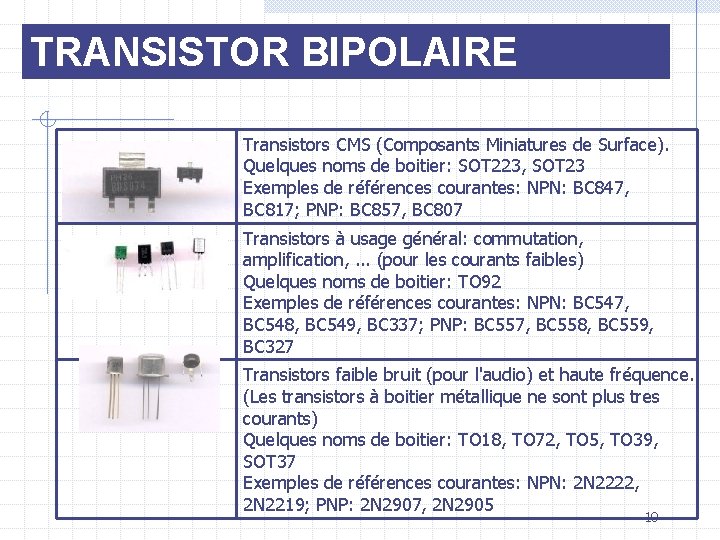 TRANSISTOR BIPOLAIRE Transistors CMS (Composants Miniatures de Surface). Quelques noms de boitier: SOT 223,