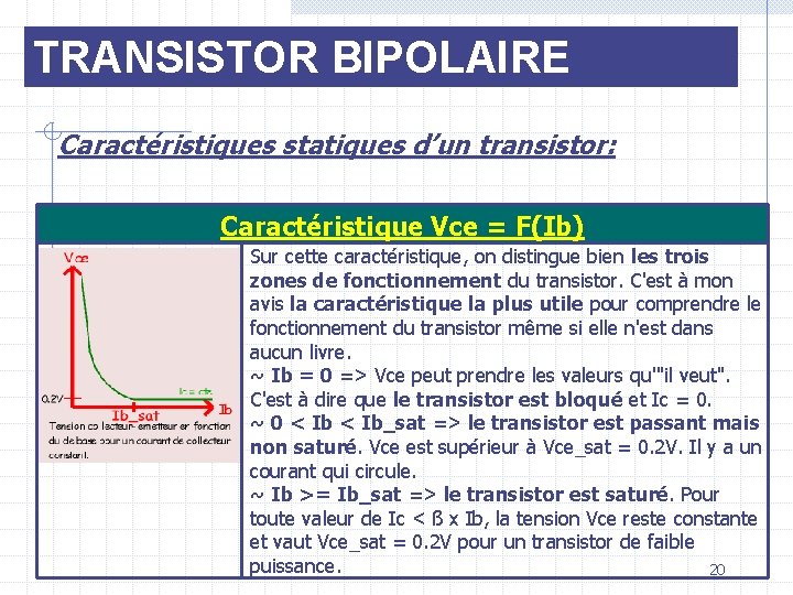 TRANSISTOR BIPOLAIRE Caractéristiques statiques d’un transistor: Caractéristique Vce = F(Ib) Sur cette caractéristique, on